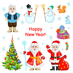 New Year and Christmas vector set with traditional characters: Father Frost, Santa Claus, snowman, Christmas tree, bag with gifts and cute little animals.