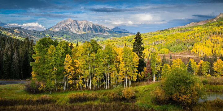 Beautiful Autumn Color in the Colorado Rocky Mountains. East Beckwith Mountain on Kebler Pass near Crested Butte, Colorado.
