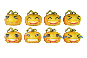 Render image with 3D program. Add shadow and reflection texture. Halloween. Orange pumpkin demon. It is an emoji icon expressing 8 emotions.