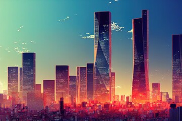 Conceptual Ai Generated Image - anime style, Cityscape of tall office towers in Shinjuku one of the main business district of Tokyo in Japan capital city , Anime style no watermark