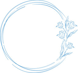 Fototapeta na wymiar A group of circles overlapping together in blue with some side flowers on a transparent background