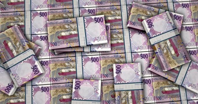 Qatar money Riyal banknotes 3d animation. Camera view from close to long distance. QAR money packs. Concept of inflation, economy, crisis, business, banking, debt and finance.