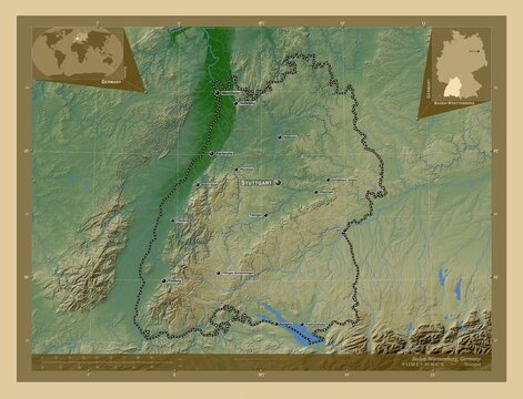 Baden-Wurttemberg, Germany. Physical. Labelled points of cities