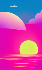 Flat illustration of magic sunset, sea horizont. Bright pink synthwave colors in 80-s style. Retro concept landscape. Design backdrop background for creative creation. Poster, print, canvas. Wall art