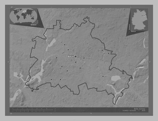 Berlin, Germany. Grayscale. Labelled points of cities