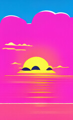 Flat illustration of magic sunset, sea horizont. Bright pink synthwave colors in 80-s style. Retro concept landscape. Design backdrop background for creative creation. Poster, print, canvas. Wall art