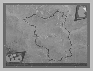 Brandenburg, Germany. Grayscale. Labelled points of cities