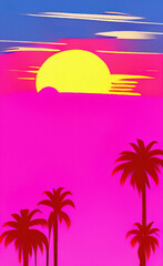 Naklejka premium Flat illustration of magic sunset, sea horizont. Bright pink synthwave colors in 80-s style. Retro concept landscape. Design backdrop background for creative creation. Poster, print, canvas. Wall art