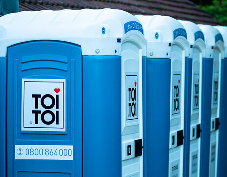 Regensdorf, Switzerland - June 6, 2022: TOI TOI provides toilet infrastructure with mobile toilets for celebrations, concerts, sporting events and construction sites. 