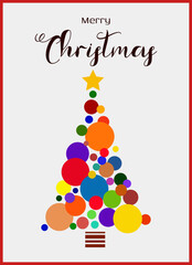 Merry Christmas. Postcard with an inscription and a Christmas tree made of colorful balls. Vector illustration.