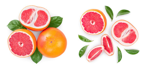 Grapefruit and slices with leaves isolated on white background. Top view. Flat lay