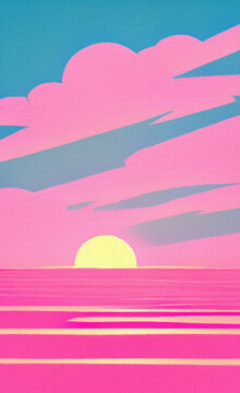 Flat illustration of magic sunset, sea horizont. Bright pink synthwave colors in 80-s style. Retro concept landscape. Design backdrop background for creative creation. Poster, print, canvas. Wall art