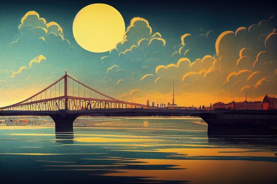 Cartoon drawing Belgrade Serbia March 0 Old Green Arch Bridge Over Sava River , Anime style