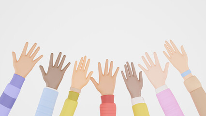 3D render of people of different nationalities raising hands in the air, Hands up. Concept of Social diversity for global equality and peace with colorful people hands.