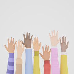 3D render of people of different nationalities raising hands in the air, Hands up. Concept of Social diversity for global equality and peace with colorful people hands.