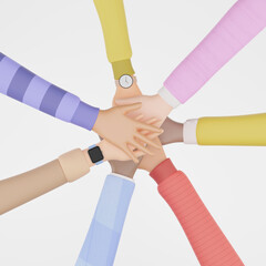 3D render of people of different nationalities team putting their hands together, Young people putting their hands together. Friends with stack of hands showing unity and teamwork.