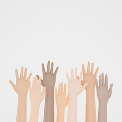 3D render of people of different nationalities raising hands in the air, Hands up. Concept of Social diversity for global equality and peace with colorful people hands.