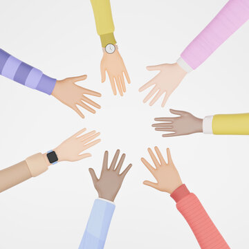 3D render of people of different nationalities team putting their hands together, Young people putting their hands together. Friends with stack of hands showing unity and teamwork.