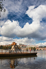 The Commemorative bell #9801 on a pontoon in the Vltava river at Smetanovo nábřeží. Prague. Czech Republic.