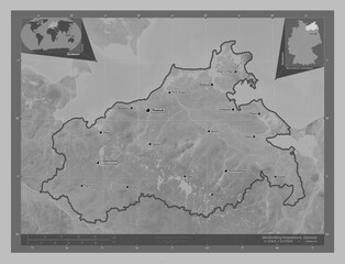 Mecklenburg-Vorpommern, Germany. Grayscale. Labelled points of cities