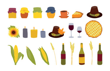 Thanksgiving illustration set. Pumpkin pie and wine, corn, pilgrim hat, candles and jars of jam or honey. Flat vector elements Happy Thanks giving day illustrations isolated on white background.