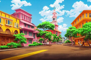 anime style, St George's Grenada August 23 2022 Commercial buildings historical landmarks and residential buildings in St George's the capital city of Grenada , Anime style no watermark