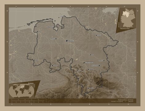Niedersachsen, Germany. Sepia. Labelled points of cities