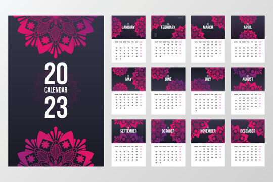 Mandala 2023 new year calendar template design. Modern colorful wall calendar design for business or personal use. Wall Calendar 2023 Design
