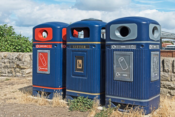 Trash and recycle bins can be found by the shore in the Southsea district of Portsmouth.