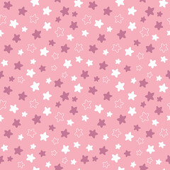 Seamless vector pattern with cute hand drawn pink and white doodle stars. Kawaii starry background for kids room decor, nursery art, print, fabric, wallpaper, wrapping paper, textile, packaging.