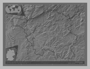 Saarland, Germany. Grayscale. Labelled points of cities