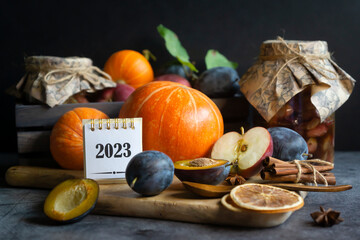 Calendar for 2023, autumn harvest of pumpkins, apples, plums and figs. Preparations for the winter,...