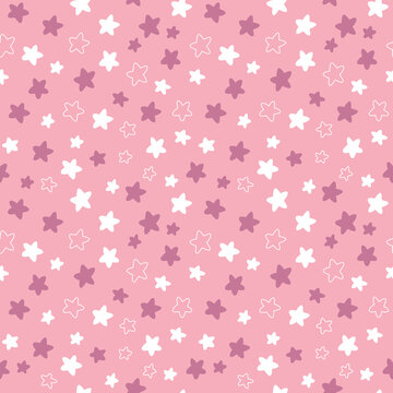 Seamless vector pattern with cute hand drawn pink and white doodle stars. Kawaii starry background for kids room decor, nursery art, print, fabric, wallpaper, wrapping paper, textile, packaging.