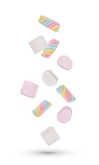 Colorful marshmallows candy falling in the air isolated on white background.