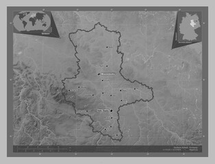 Sachsen-Anhalt, Germany. Grayscale. Labelled points of cities