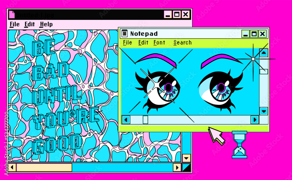 Poster cute retro vaporwave style collage of user interface elements. pixelated y2k window boxes, tabs, but