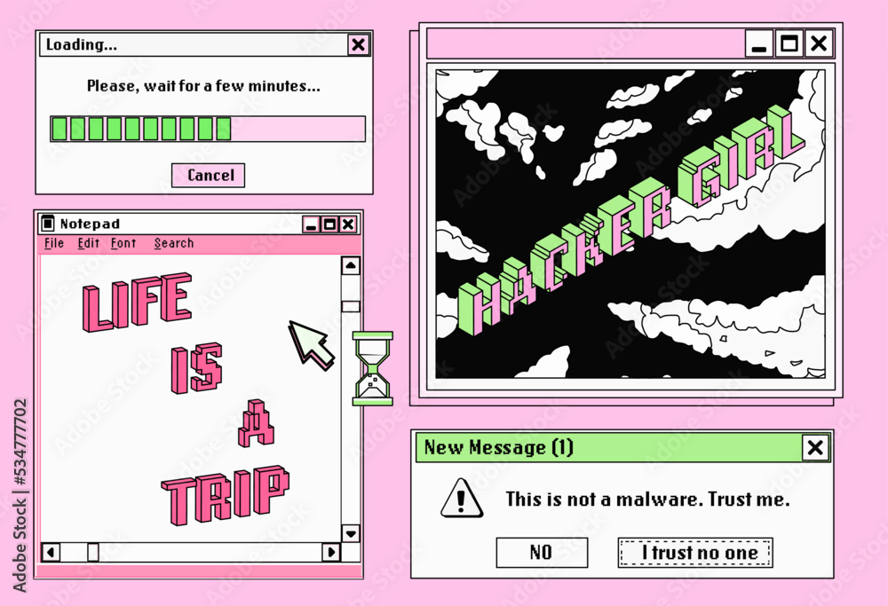 Poster cute retro vaporwave style collage of user interface elements. pixelated y2k window boxes, tabs, but
