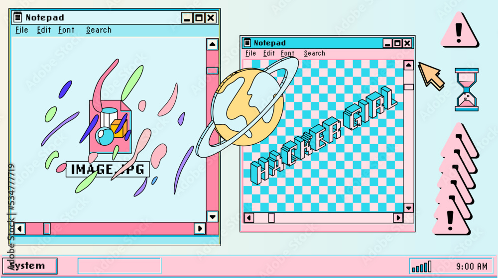 Poster Cute retro vaporwave style collage of user interface elements. Pixelated Y2K window boxes, tabs, buttons.