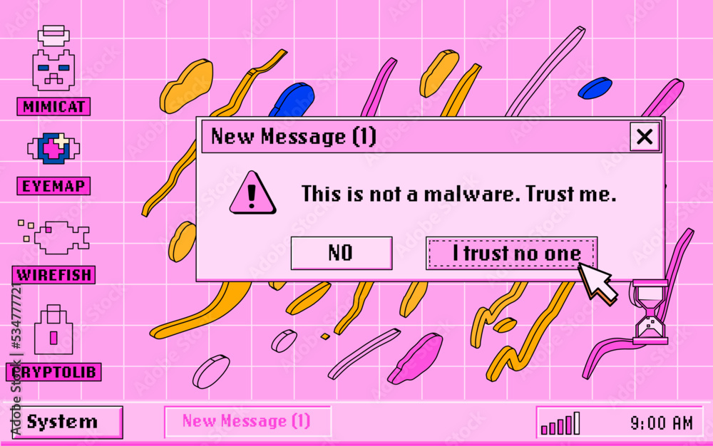 Poster PC desktop with start menu, window boxes and icons in retro Y2K or 2000's style. Collage of UI and UX design elements in pastel pink colors.