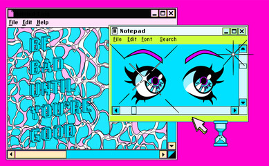 Cute retro vaporwave style collage of user interface elements. Pixelated Y2K window boxes, tabs, buttons.