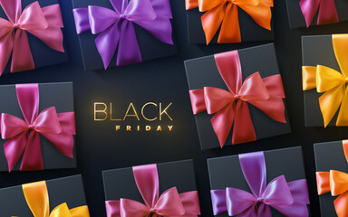 Black Friday sale poster with black gift box and golden sign