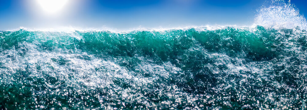 Ocean waves surface texture. Abstract blue water background with splashes of sea foam. 3d
