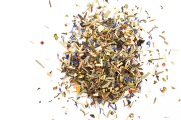 Herbal tea on a white background. Top view.