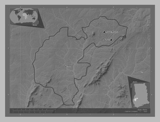 Ahafo, Ghana. Grayscale. Labelled points of cities