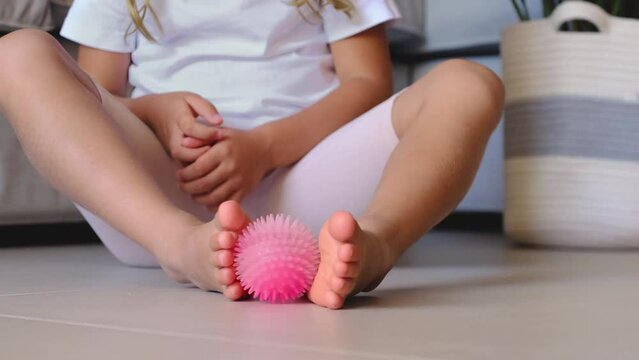 Child Myofascial Relaxation Exercises Foot With Massage Ball At Home. Physiotherapy Kid, Orthopedic Correction, Development Of Tactile Sensations, Neuro Corrections Children Self