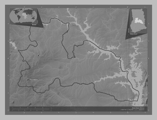 Bono East, Ghana. Grayscale. Labelled points of cities