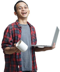 asian college student with laptop and mug in his hand isolated on white background