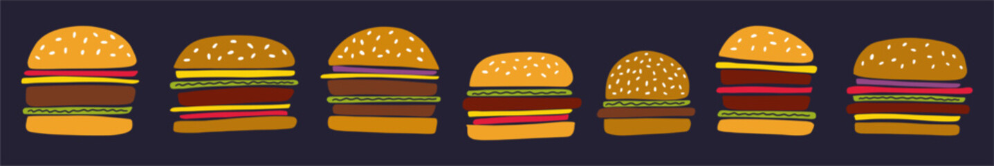 Vector collection of hand-drawn burgers in doodle style. Fast food
