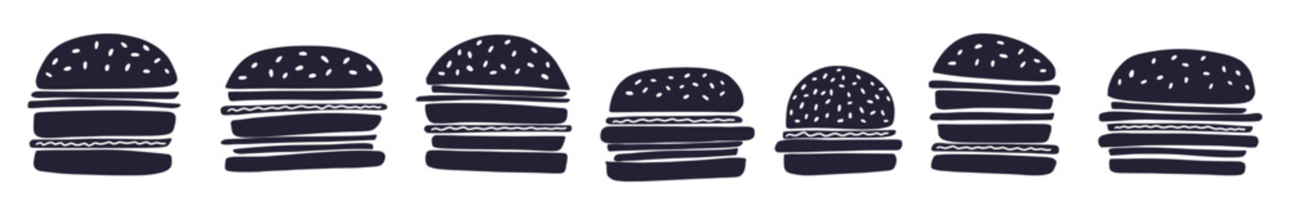 Vector collection of hand-drawn burgers in doodle style. Fast food