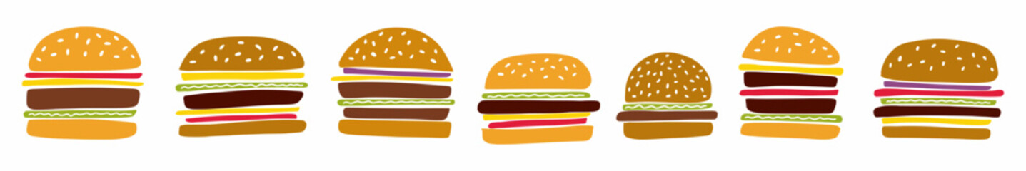 Vector collection of hand-drawn burgers in doodle style. Fast food